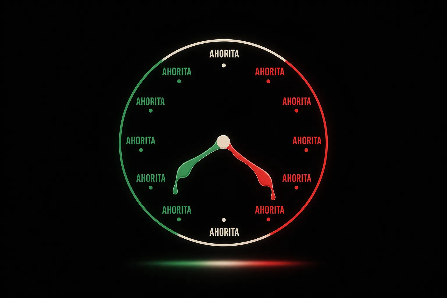 Eine Uhr, deren Ziffern alle durch das Wort ahorita ersetzt sind, mit schmelzenden Zeigern
