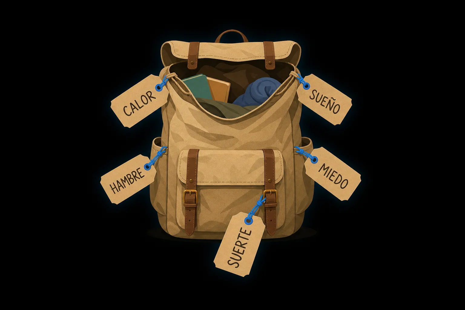 Ein Rucksack mit Gepäckanhängern, beschriftet mit calor, hambre, sueño, miedo und suerte